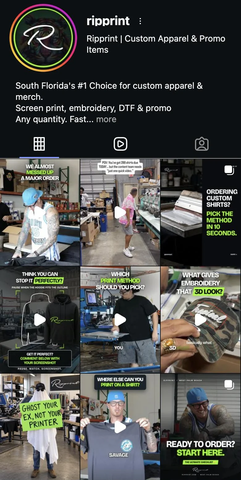 Rip Print's Instagram profile: South Florida custom apparel and promo, with a grid of their branded reels